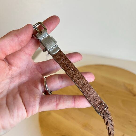 J. Crew Silver Metallic Genuine Leather Thin Skinny Woven Belt Size Large - Picture 7 of 12